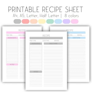 May include: Printable recipe sheet template in 8 colors: gray, pink, peach, yellow, light green, light blue, lavender, and light pink. The template includes sections for prep time, ingredients, cook time, serves, directions, and notes.