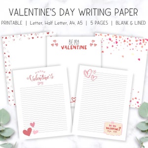 Papel de carta para el día de San Valentín, papelería imprimible, páginas de notas rayadas, carta media carta A4 A5, descarga digital de carta romántica