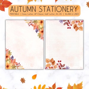 Papelería de otoño imprimible, papel de carta de otoño, papelería de otoño con acuarela, tamaño A4, A5, letra, media letra, descarga digital, papel rayado, notas