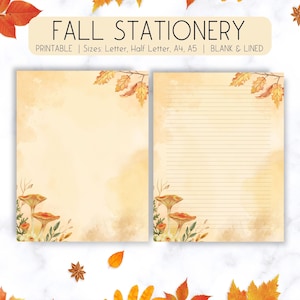 Papelería de otoño imprimible, papel de carta de otoño, papelería de acuarela A4 A5, descarga digital de media letra, papel rayado