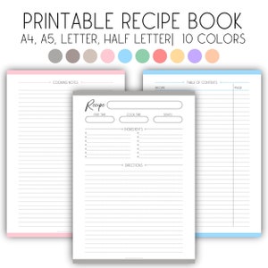 May include: Printable recipe book template in 10 colors. The template includes sections for cooking notes, recipe name, prep time, cook time, servings, ingredients, and directions. The template also includes a table of contents for organizing recipes.