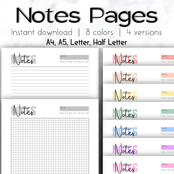 Notes Pages Printable, Colorful Notes, Lined Notes Pages, Graph Paper, Notes Planner, Printable Notes Pages, A4 A5 Letter Half Letter PDF