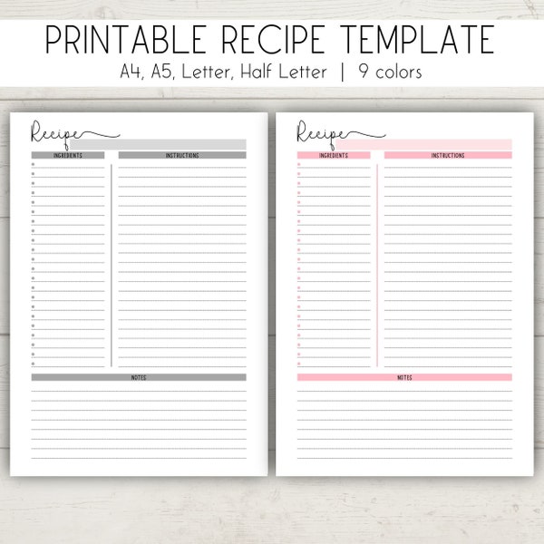 Recipe Template Printable, Blank Recipe Page, Cookbook template, Recipe Sheet A4 A5 Letter Half Letter, Recipe Card, Recipe Book PDF