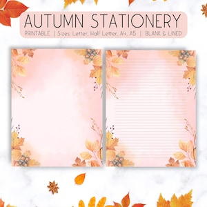 Papelería de otoño imprimible, papel de escritura de otoño, papelería de otoño con acuarela, tamaño A4, A5, letra, media letra, descarga digital, papel rayado, notas