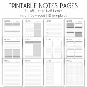 Notes Pages Printable, Lined Notes Pages , Notes Planner Study Note Printable, Notes Pages lined sheets, check list A4 A5 Letter Half Letter