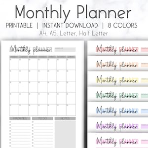 Monthly Planner Printable, Colorful Planner A5 A4 Letter Half Letter, Printable Monthly Planner, Undated Monthly Planner, Instant download