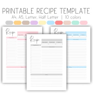 Receptsjabloon afdrukbaar, blanco receptenpagina, kookboeksjabloon, receptenblad A4 A5 Letter Half Letter, Receptkaart, Receptplanner PDF