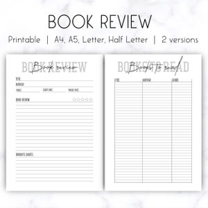 Reseña de libros imprimible, Lista de libros para leer, Descarga instantánea de reseñas de libros A4 A5 Tamaño de media carta, Diario de libros, Reseña de libros simple