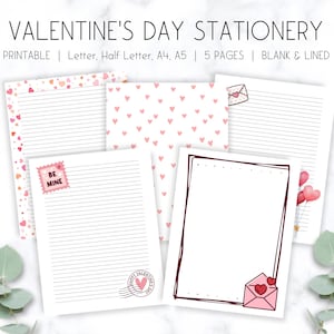 Carta da lettere per San Valentino stampabile, carta da lettere, pagine di appunti romantici, lettera mezza lettera A4 A5 cancelleria digitale da scaricare