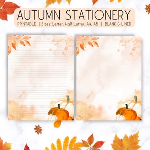 Papelería de otoño imprimible, papel de escritura de otoño, papelería de otoño de acuarela A4 A5 carta media letra descarga digital, papel rayado, notas