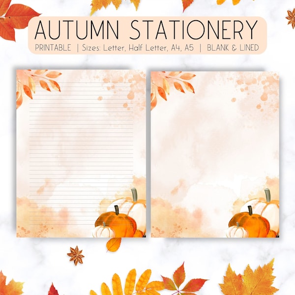 Printable Autumn Stationery, Autumn Writing Paper, Watercolor Fall Stationery A4 A5 Letter Half Letter Digital Download, Lined Paper, notes