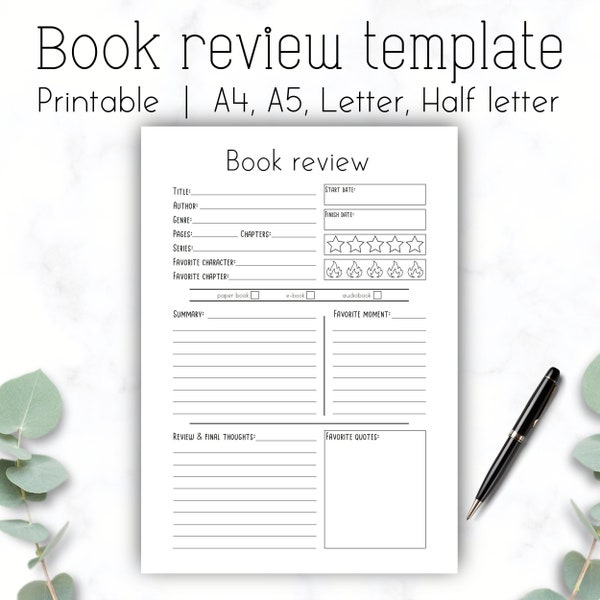 Book Review Template, Simple Book Review Printable, A4 A5 Letter Half Letter Template, Book Journal, Instant Download PDF, Reading Log,