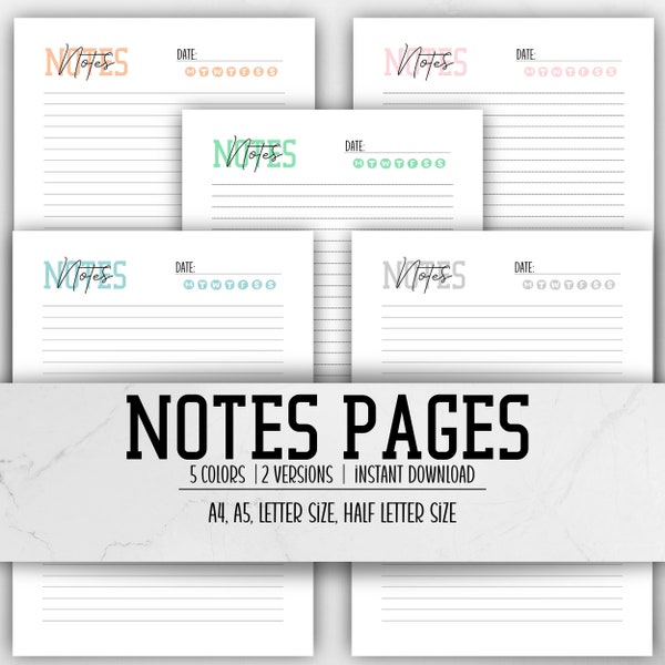 Notes Pages Printable, Colorful Notes, Lined Notes Pages, Note Taking, Notes Planner, Printable Notes Pages, A4 A5 Letter Half Letter PDF
