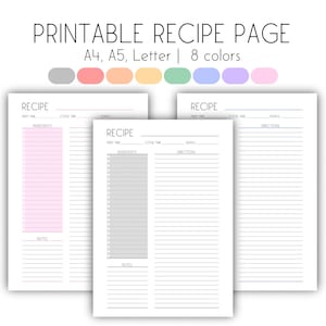 Recipe Page Printable, Blank Recipe Template, Recipe Sheet A4 A5 Letter, Recipe Card, Cookbook template, For Recipe Binder, Recipe Sheet PDF