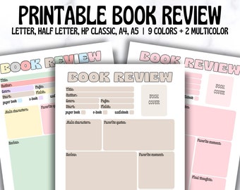 May include: Printable book review sheets in various pastel colors. Each sheet includes sections for title, author, genre, and space for notes. The text "BOOK REVIEW" is at the top of each sheet. The sheets are available in multiple sizes and colors.