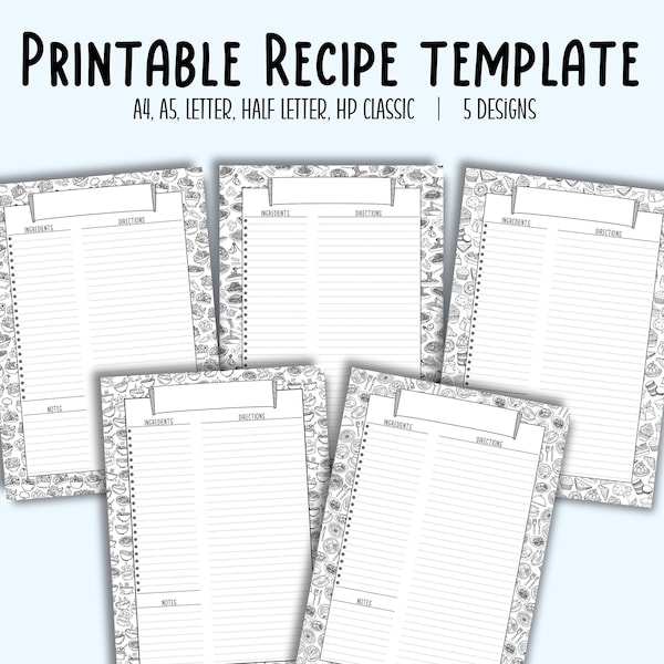 Recipe Template Printable, Blank Recipe Page, Recipe Sheet A4 A5 Letter Half Letter Hp Classic, Recipe Card, Recipe Planner PDF