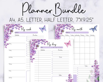May include: A printable planner bundle with three different layouts: a weekly planner, a monthly planner, and a daily planner. Each page features a floral design with purple flowers and butterflies.