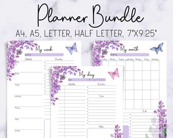 Printable Planner Bundle, Floral Planner, Lilac Flower Themed Planner Printable, A4 A5 Letter Half Letter 7x9.25", Sun/Mon Start included