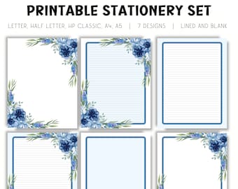 Blue Floral Stationery: Lined Writing Paper (Digital Download)