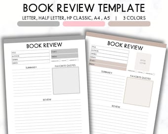 Printable Book Review Template: Reading Tracker, 5 Sizes (PDF)