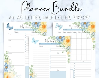 Printable Planner Bundle, Flower Themed Planner Printable, Daily Plan, Weekly Plan A4 A5 Letter Half Letter 7x9.25", Sun/Mon Start included