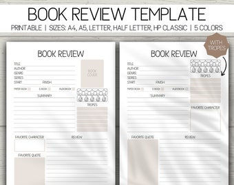 Printable Book Review with tropes, Reading Tracker, Printable Reading Journal A4 A5 Letter Half Letter Digital Printable Book Review PDF