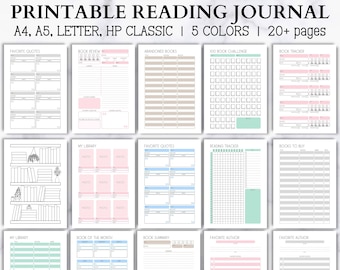 May include: Printable reading journal with 20+ pages, featuring pages for favourite quotes, book reviews, abandoned books, 100 book challenge, book tracker, my library, book of the month, book summary, and favourite author. The journal is available in 5 colours: pink, blue, green, grey, and brown.