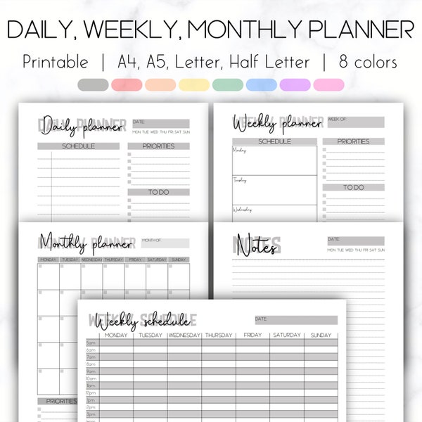 Planner Bundle Printable, Daily Planner, Weekly Planner, Monthly Planner, Weekly Schedule, A4 A5 Letter Half Letter Notes Pages