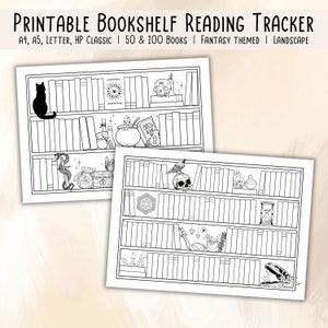 Fantasy Reading Tracker afdrukbaar, liggend boekenplank leeslogboek A4 A5 Letter HP Classic, Reading Challenge 50 en 100 boeken, leesplanner