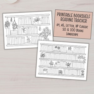 May include: Printable bookshelf reading tracker in landscape format. The tracker features a bookshelf with plants and books. The text on the page reads "Printable Bookshelf Reading Tracker", "A4, A5, Letter, HP Classic", "50 & 100 Books", and "Landscape".