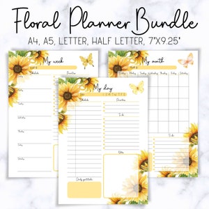 May include: Floral Planner Bundle with sunflower and butterfly illustrations. Includes weekly, monthly, and daily planner pages. The bundle is available in A4, A5, Letter, and Half Letter sizes, and is 7"x9.25".