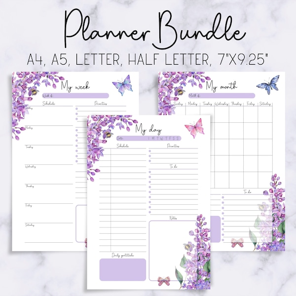 Pacote de Planejador Floral: Tema Lilás, Diário, Semanal, Mensal (Para Imprimir)