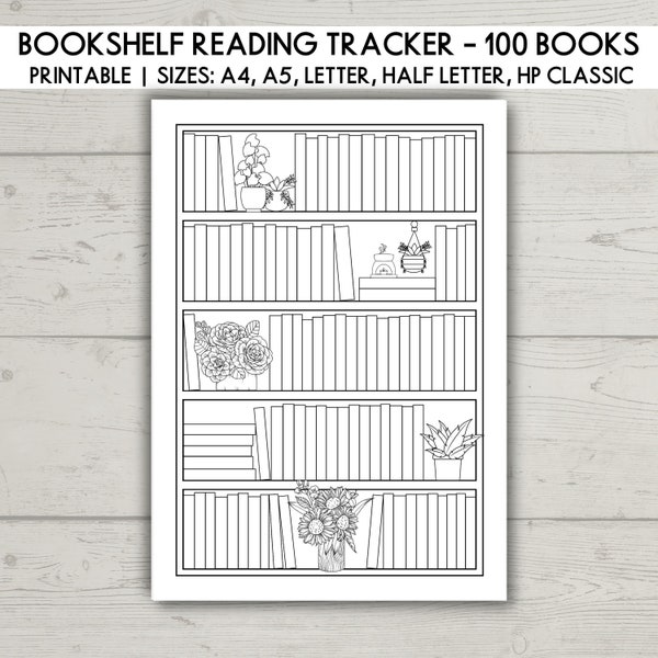 Printable Bookshelf Reading Tracker, Plants and flowers Reading Planner, Reading Challenge Bookshelf 100 books Reading Log A4 A5 Letter
