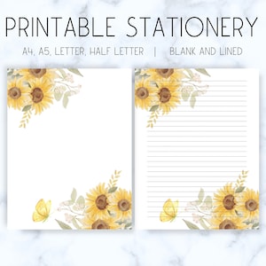 Papelería con diseño de girasoles para imprimir, papel para escribir con diseño de girasoles, papelería con diseño de flores, tamaño A4, A5, carta, media carta, descarga digital, papel rayado, notas
