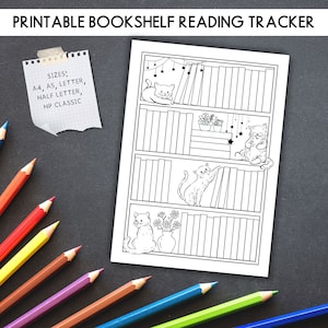 Tracker di lettura da scaffale stampabile, tema Kitty Pianificatore di lettura, Sfida di lettura Scaffale 50 libri Registro di lettura A4 A5 Tracker di libri di lettere