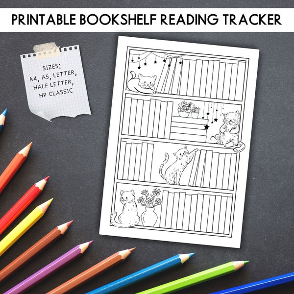 Bookshelf Reading Tracker Printable, Kitty theme Reading Planner, Reading Challenge Bookshelf 50 books Reading Log A4 A5 Letter Book tracker