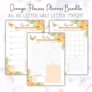 Pacote de planejador de flores laranja para impressão, planejador com tema de flores, plano diário semanal A4 A5 carta meia carta 7x9,25" início de domingo/segunda incluído
