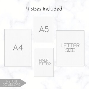 K&ouml;nnte beinhalten: Ein Bild mit vier Papierformaten: A4, A5, Half Letter und Letter Size. Der Text "4 sizes included" steht oben und "Instant Download" unten. Der Hintergrund hat ein Marmormuster.