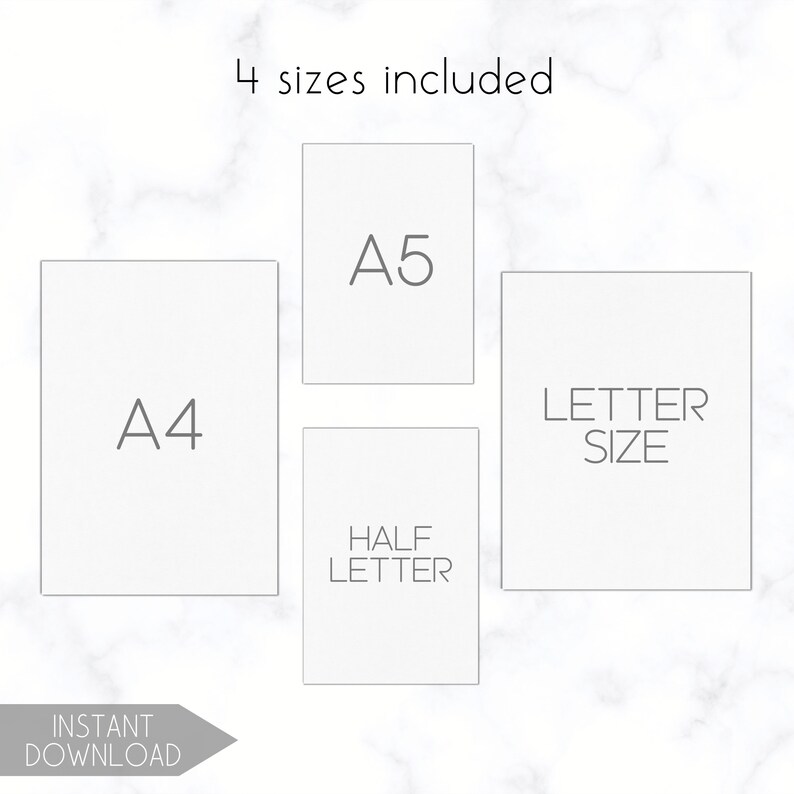 K&ouml;nnte beinhalten: Ein Bild mit vier Papierformaten: A4, A5, Half Letter und Letter Size. Der Text "4 sizes included" steht oben und "Instant Download" unten. Der Hintergrund hat ein Marmormuster.
