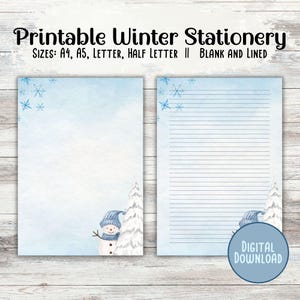 Papelería de invierno imprimible, papelería de invierno con acuarela, papel de escritura de invierno A4 A5, letra media letra, descarga digital, notas de papel rayado