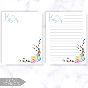 K&ouml;nnte beinhalten: Zwei wei&szlig;e Oster-Briefpapierb&ouml;gen. Einer ist leer, der andere liniert. Beide zeigen ein Aquarelldesign von Ostereiern und Weidenk&auml;tzchenzweigen in der Ecke. Die Worte "Happy Easter" sind in Hellblau geschrieben.