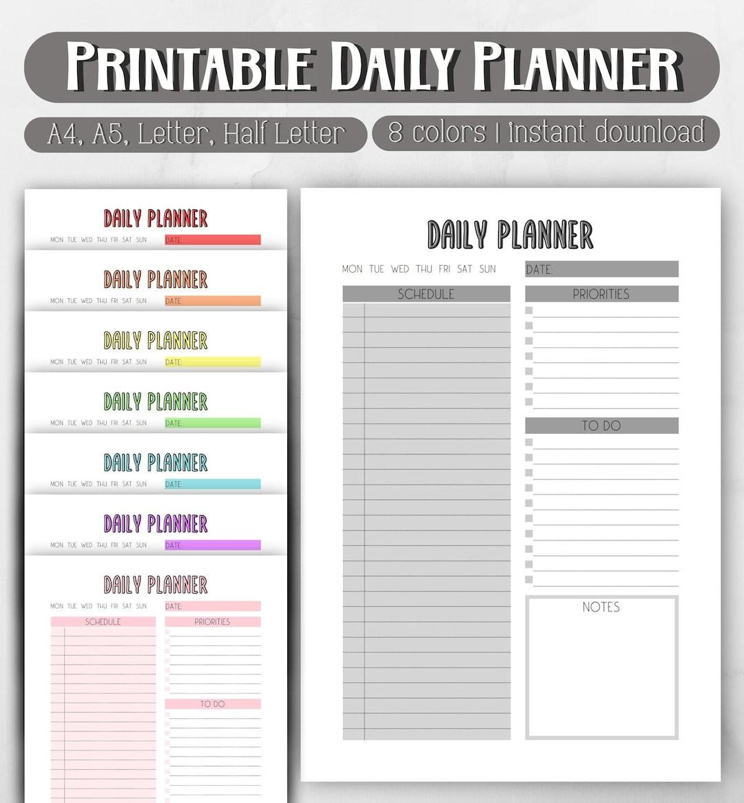 Colorful Daily Planner Printable: A4 A5 Letter Sizes (instant Download ...