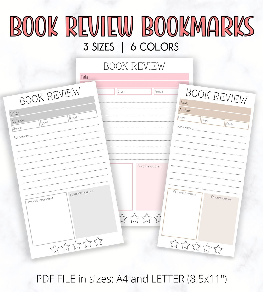 Book Review Bookmarks Printable, Reading Tracker, Review Template, Reading Log, Book Review Slip