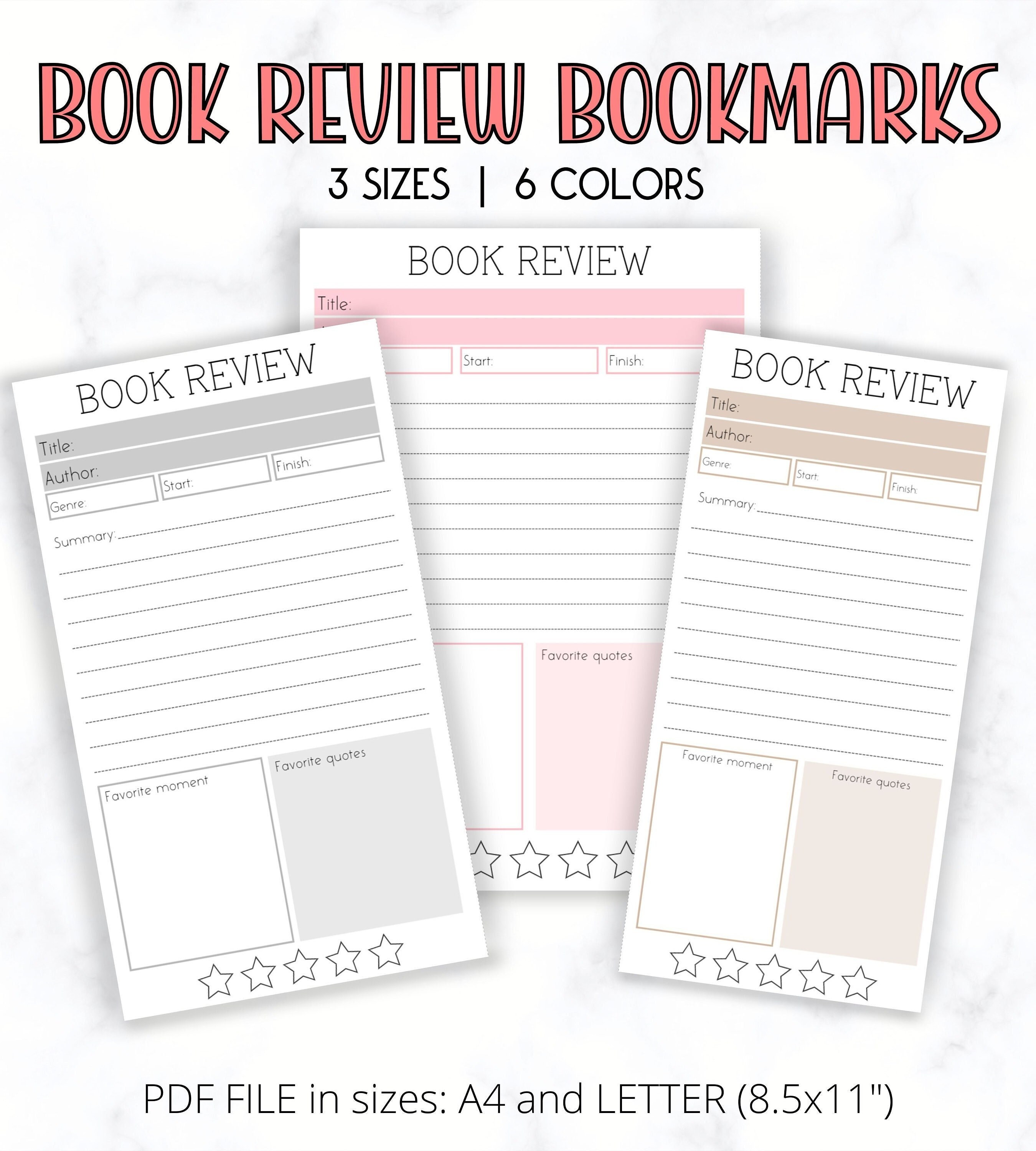 Book Review Bookmarks Printable Reading Tracker Review Etsy