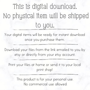 K&ouml;nnte beinhalten: Wei&szlig;er Hintergrund mit schwarzem Text: "Dies ist ein digitaler Download. Es wird kein physischer Artikel an Sie versendet." Der Text erkl&auml;rt den Sofort-Download, den Zugriff &uuml;ber Etsy und die private Nutzung.