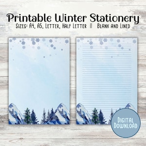 Cancelleria invernale ad acquerello, cancelleria invernale stampabile, carta da lettere invernale A4 A5 lettera mezza lettera download digitale, appunti su carta a righe