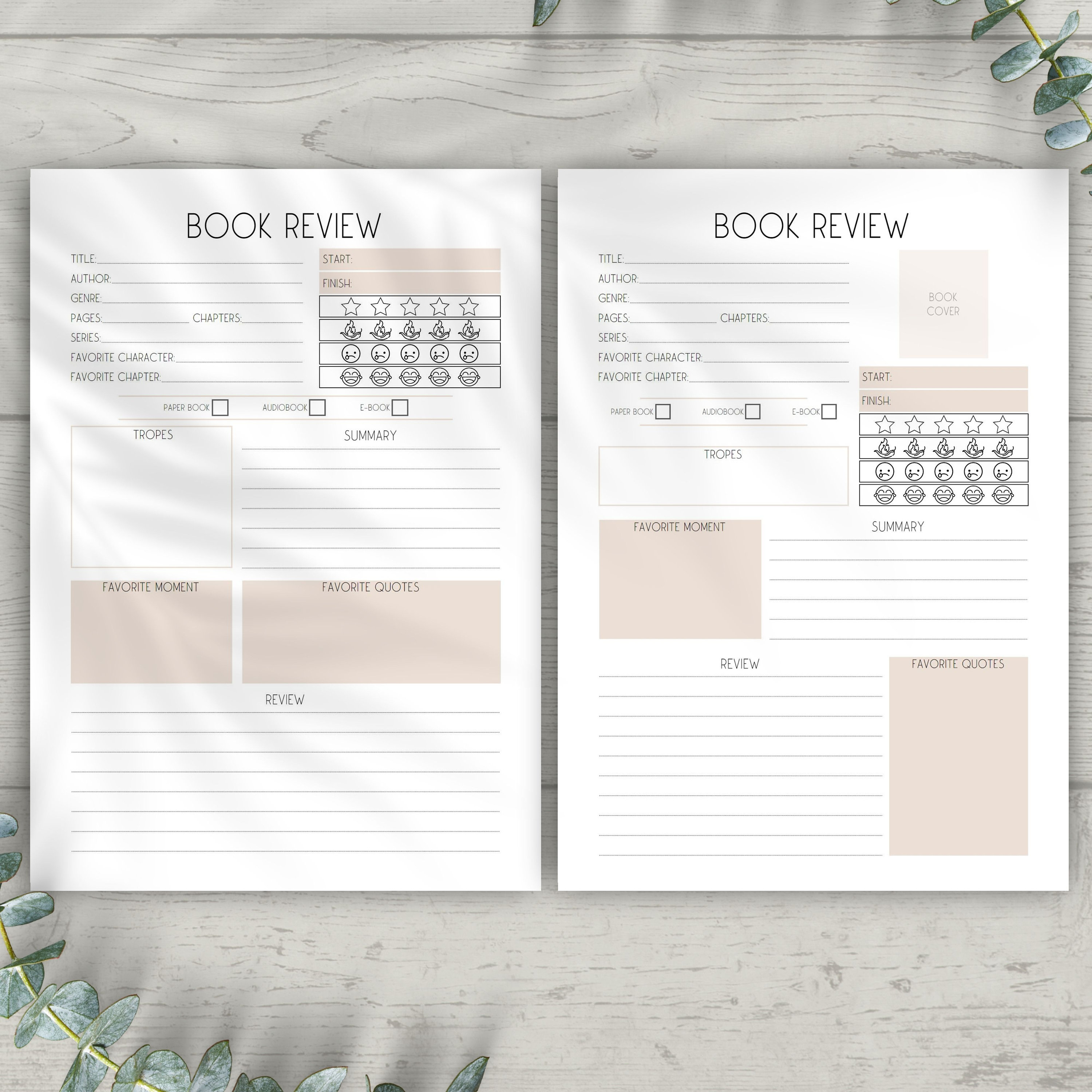 Book Review Template, Printable Reading Journal, Reading Tracker, A4 A5  Letter Half Letter Digital Printable Book Review PDF 