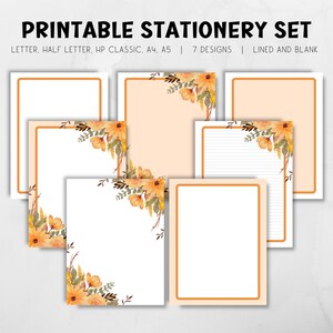 Druckbares Blumenbriefpapier, süßes Briefpapier, orangefarbenes Blumenbriefpapier A4 A5 Buchstabe Halbbuchstabe HP Klassischer digitaler Download, liniertes Papier