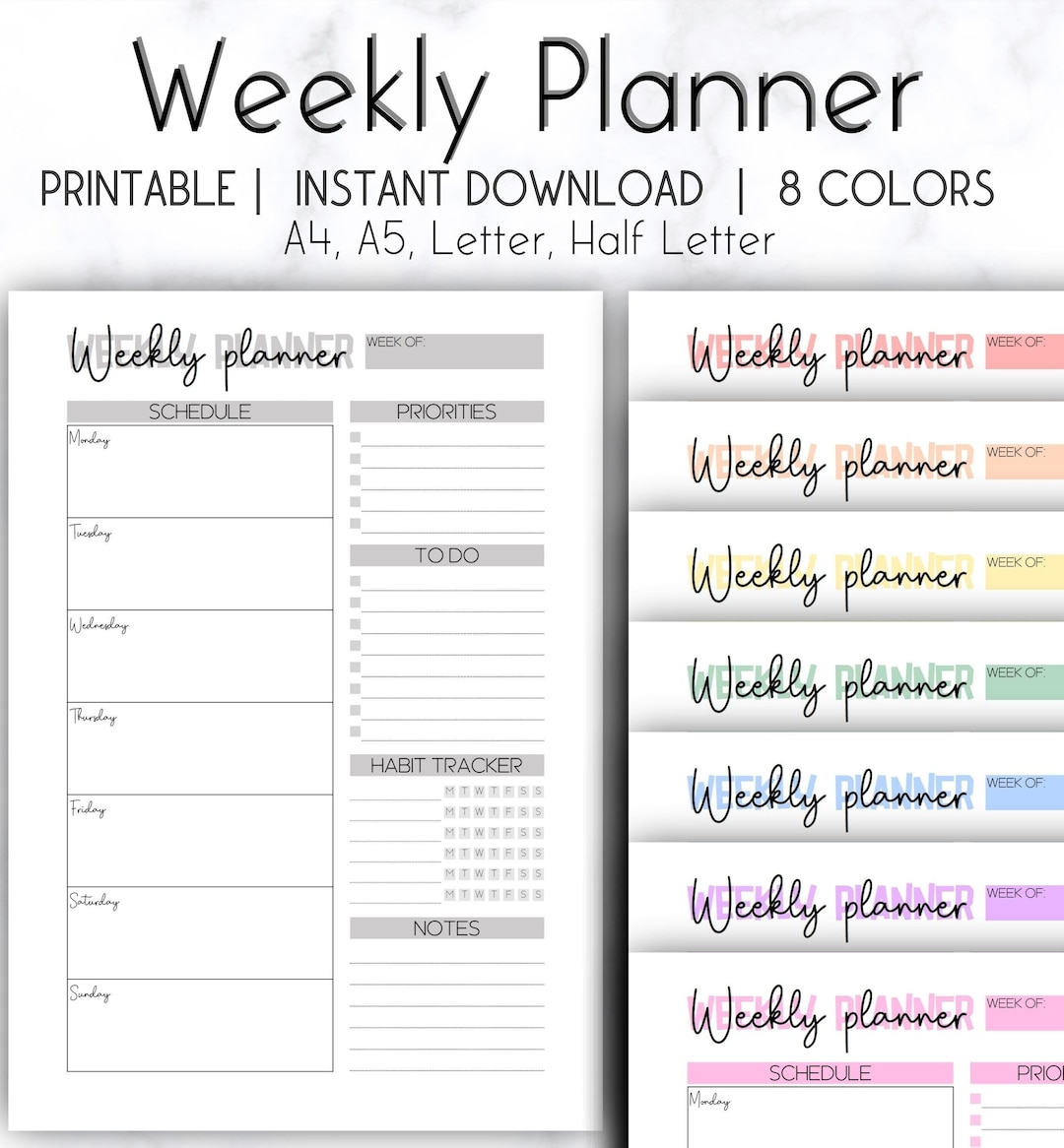 Colorful Weekly Planner Printable: A4 A5 Letter Sizes (digital Download ...