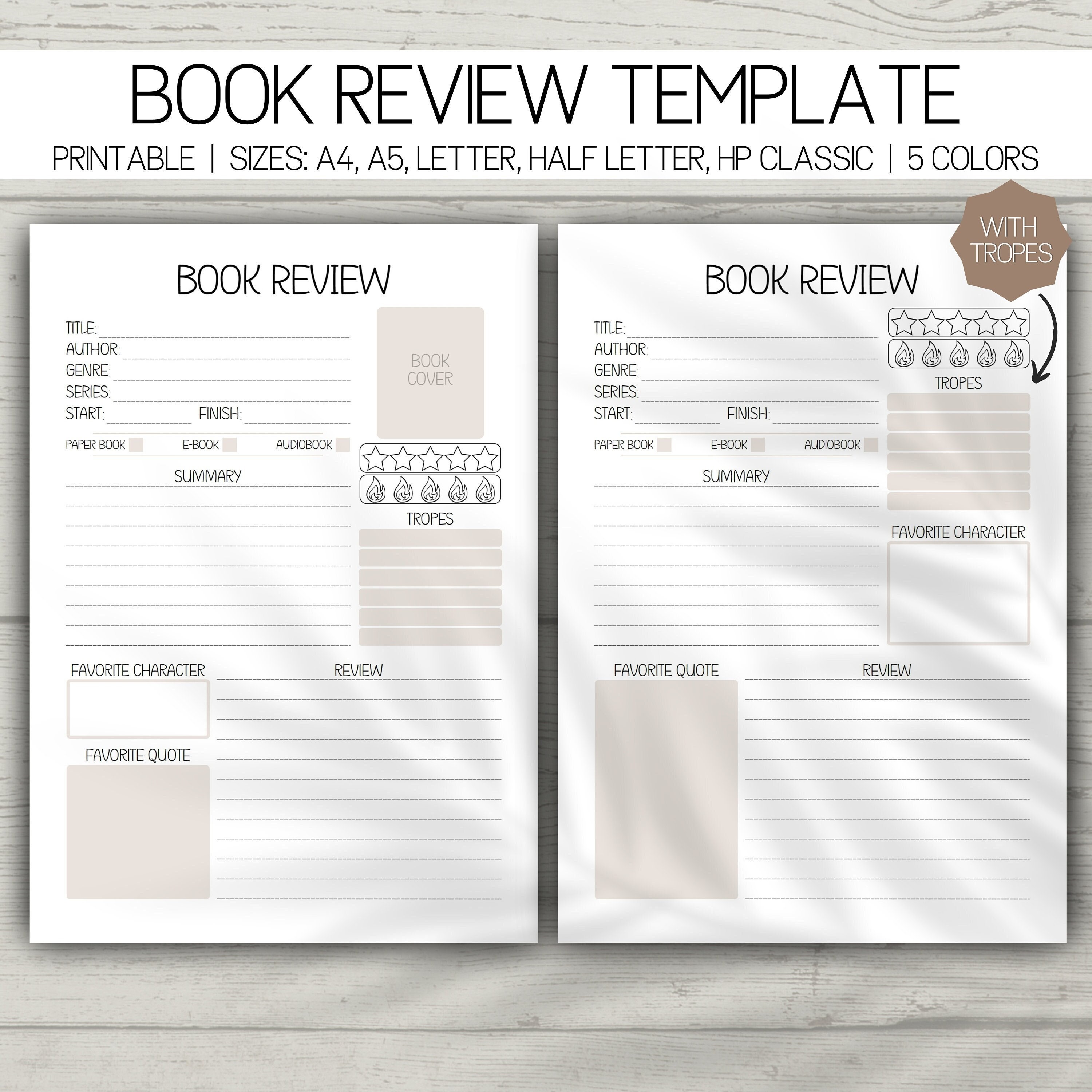 Book Review Template, Printable Reading Journal, Book Review Planner,  Reading Tracker, Avid Readers Book Worm, Book Review Journal Printable 